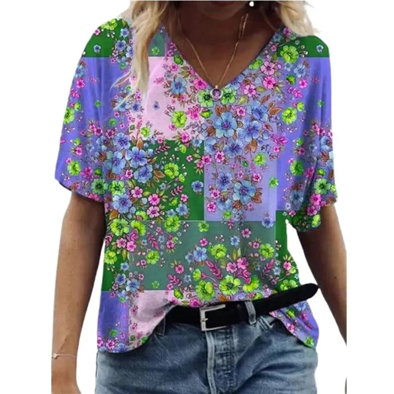 Women's T Shirts V-neck 3d Art Print Tops Loose Short Sleeve GlowCart