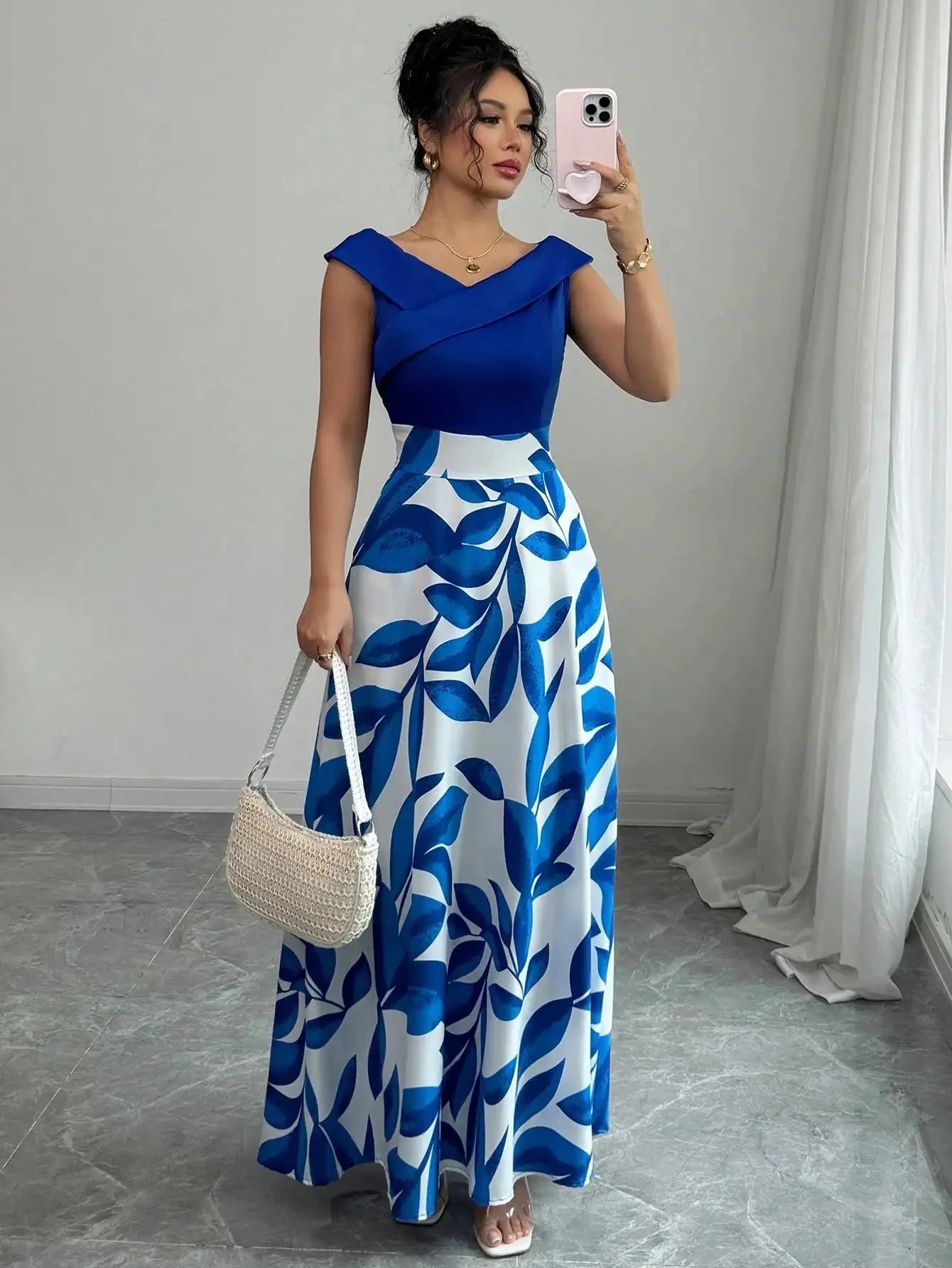 Women's Blue White Floral Maxi Dress Asymmetric Neckline GlowCart