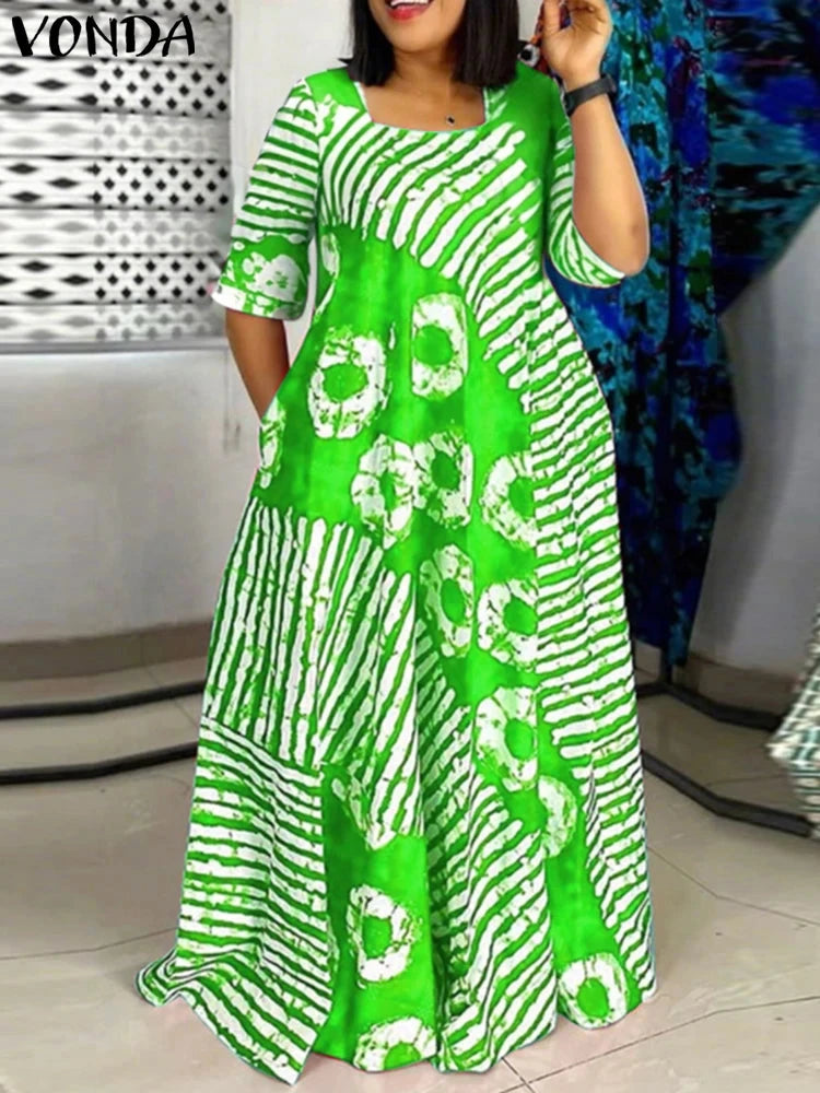 Plus Size Women Bohemian Maxi Dress 2025 Summer Printed Long GlowCart