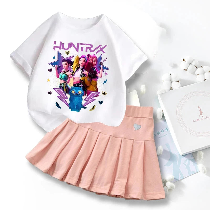 New K Pop Demon Hunters T-shirts Skirt Set Kawaii Cartoon Graphic T-shirt Kids Casual Short Sleeves Tops Summer Girl Clothes GlowCart