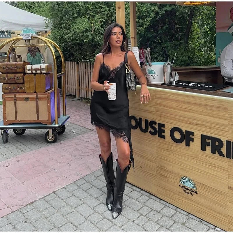 Sexy Lace Patchwork Sling Dress Women Satin Off-shoulder GlowCart