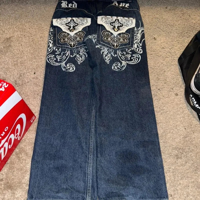 American New Pattern Embroidery Baggy Jeans Male Y2K High GlowCart