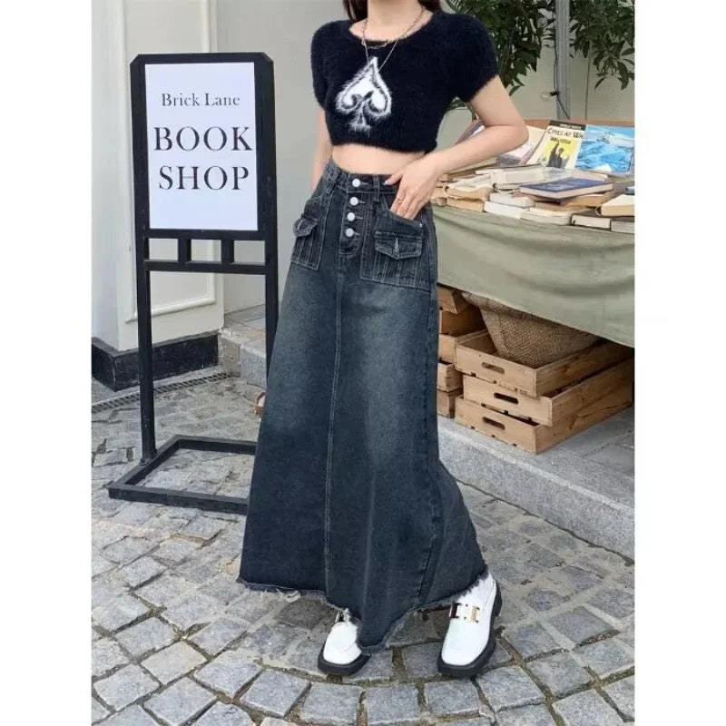 New Streetwear Denim Skirt Spring Summer Fashion Frayed Hem Pocket High Waist Long Jeans Skirt Loose Plus Size Skirt S-5XL GlowCart