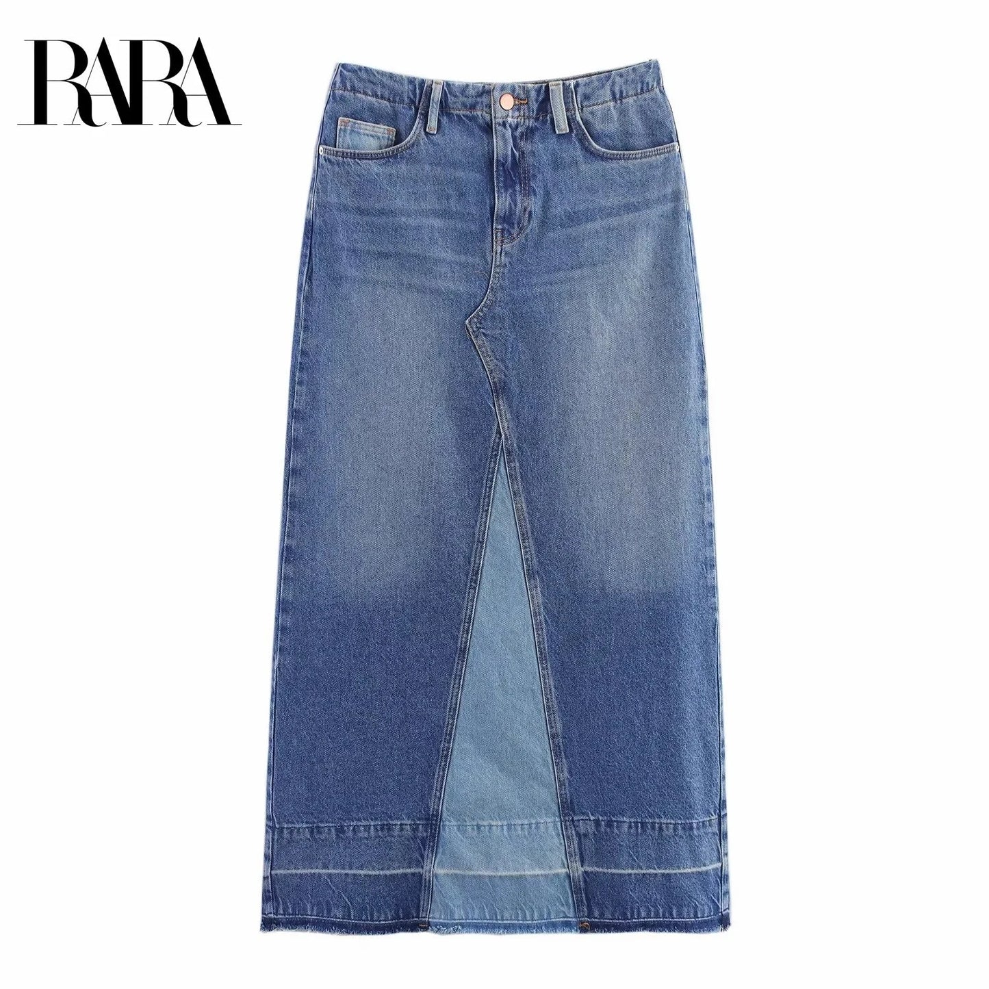 RARA2025 autumn new women's casual fashion simple versatile slim stitching medium-length high-waist denim skirt GlowCart