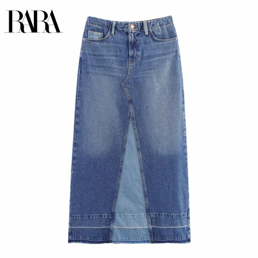 RARA2025 autumn new women's casual fashion simple versatile slim stitching medium-length high-waist denim skirt GlowCart