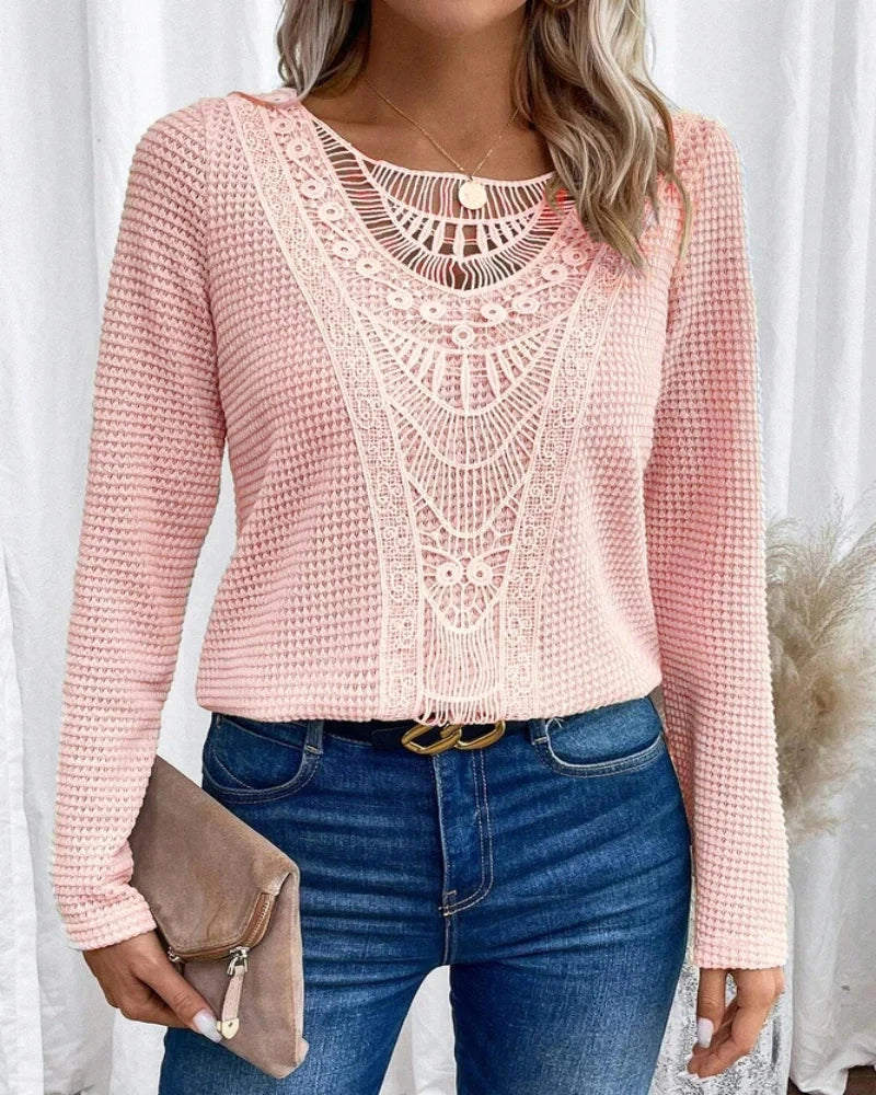 Solid Crew Neck Cut Out T-Shirt Elegant Ribbed Long Sleeve GlowCart