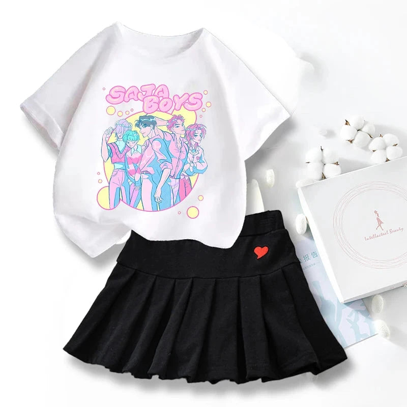 New K Pop Demon Hunters T-shirts Skirt Set Kawaii Cartoon Graphic T-shirt Kids Casual Short Sleeves Tops Summer Girl Clothes GlowCart