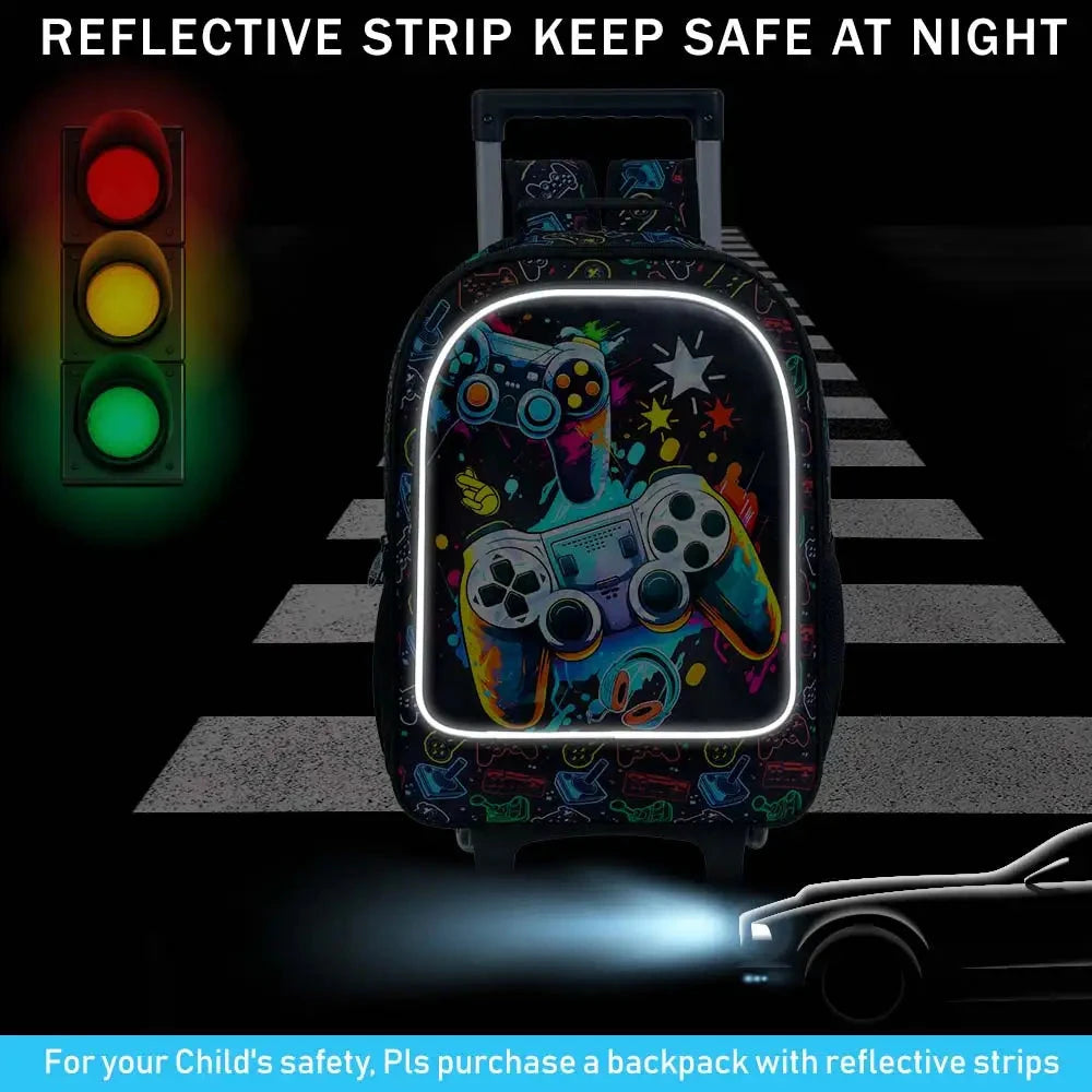 Rolling Backpack for Boys, 3PCS Kids Roller Bookbag with Lunch Bag, Wheeled School Bag for Children - Game Console GlowCart