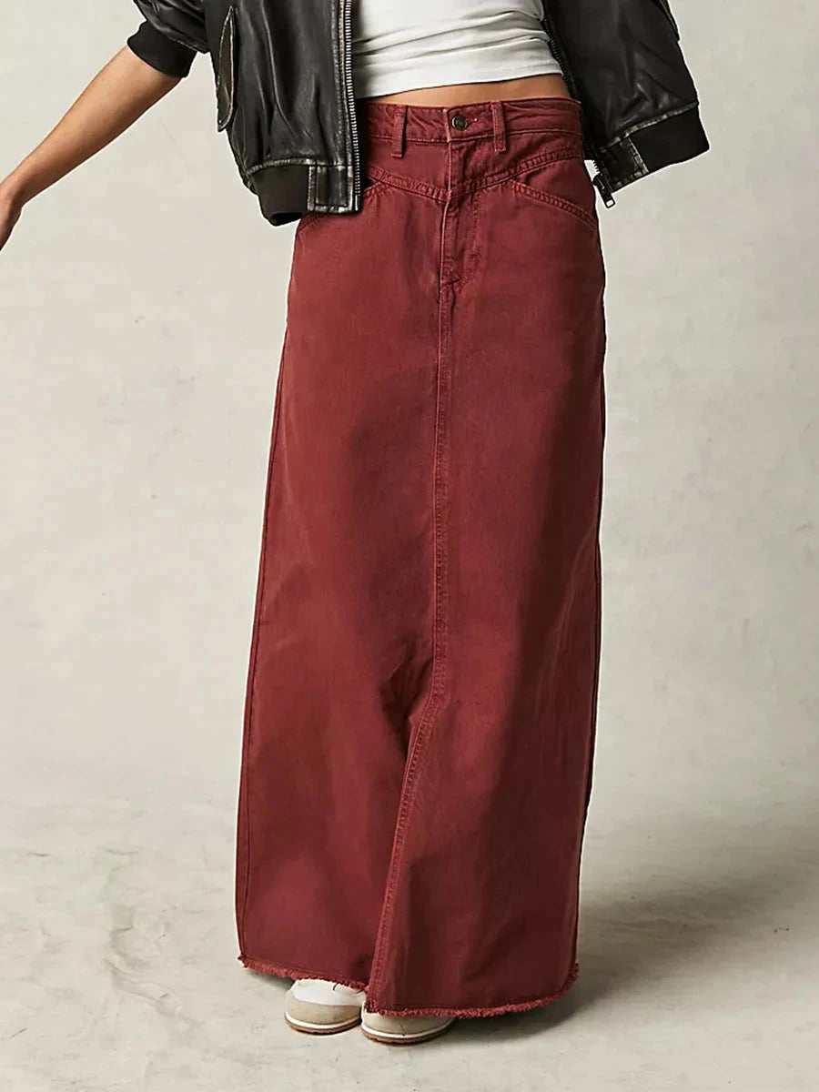 Women Y2K Vintage Denim Maxi Skirt High Waist A-Line Frayed Hem Loose Long Jean Skirt OOTD Streetwear GlowCart