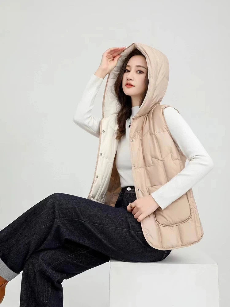 Autumn Winter Lightweight Hooded Down Vest Female Single GlowCart