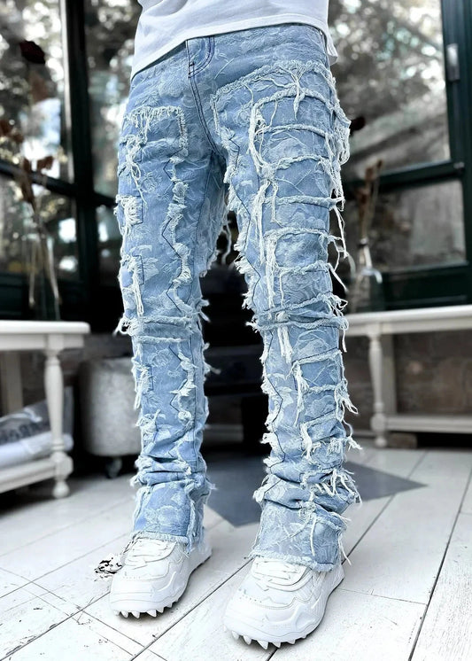 Men's Regular Fit Stacked Jeans Ripped Slim Fit Patch GlowCart