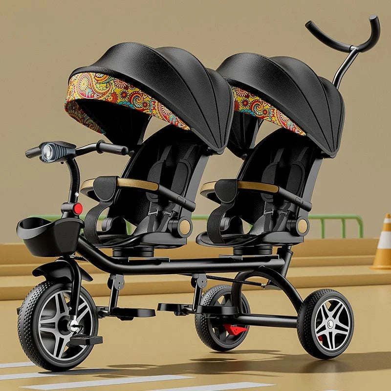 Multifunctional Twin Children's Tricycle Foldable Baby Bicycle Two-way Twin Baby Stroller Swivel Seat Double Stroller GlowCart