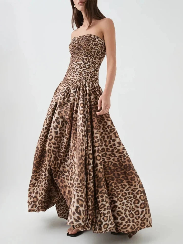 Sexy Strapless Printed Split Deign Long Bubble Dress Women GlowCart
