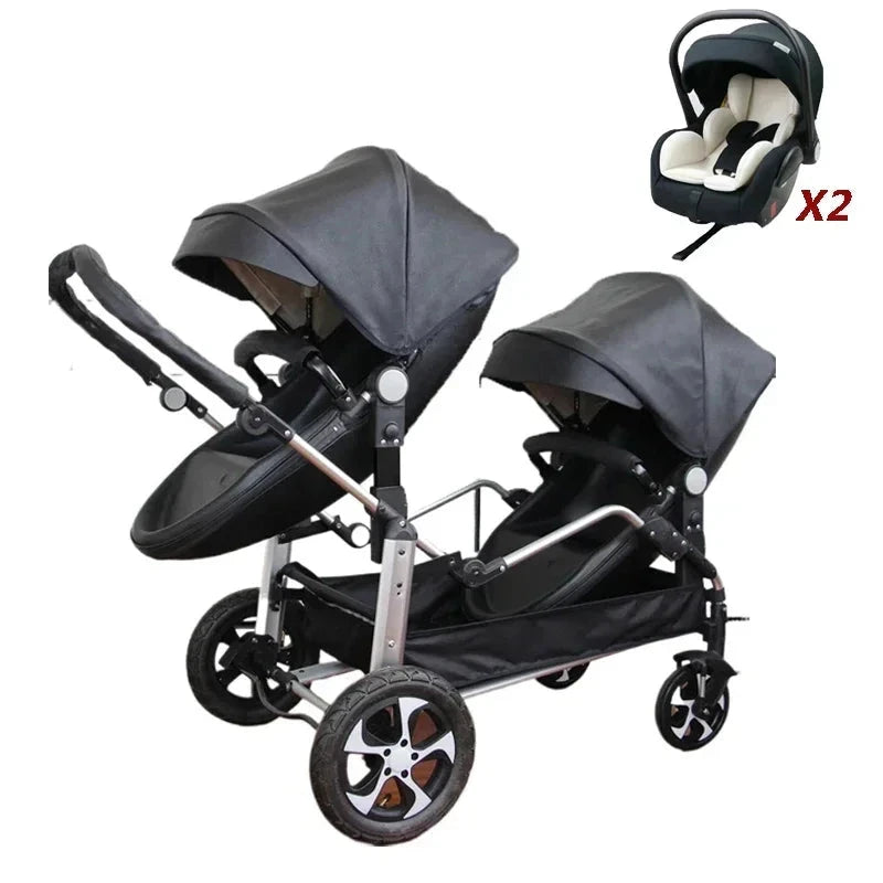 NEW luxury Twins baby stroller 3in1 high landscape new PU leather double stroller baby carriage twin strollers for 2 kids GlowCart