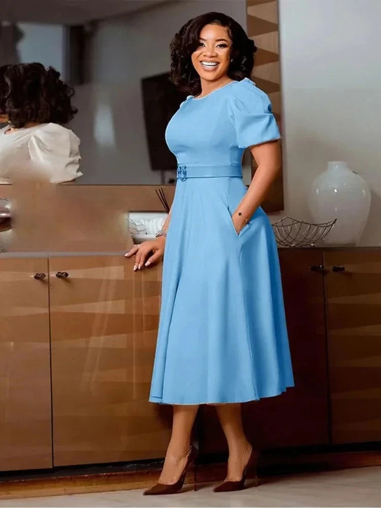 Ladies Office Dresses Women Formal Work O-Neck Puff Sleeve GlowCart