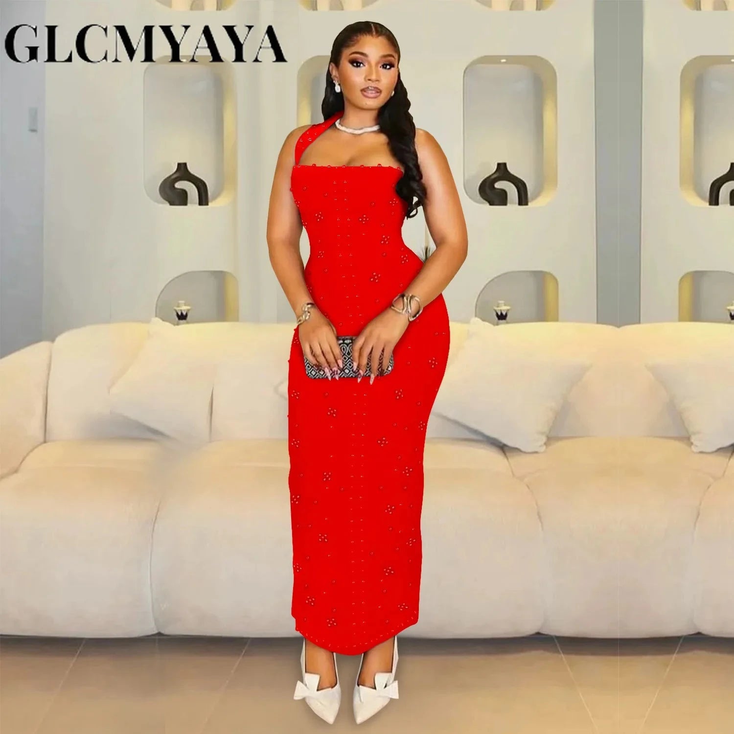 GLCMYAYA Women Diamonds Beading Halter Neck Bodycon Midi GlowCart