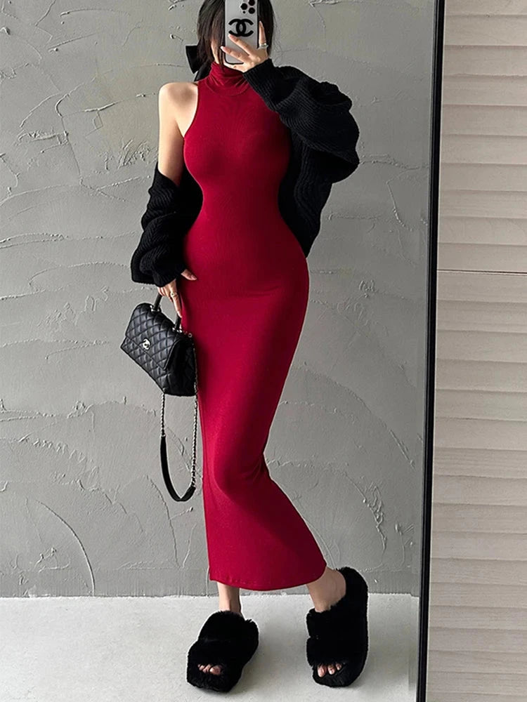 Red Skinny Sexy Turtleneck Midi Dress Women Evening Party GlowCart