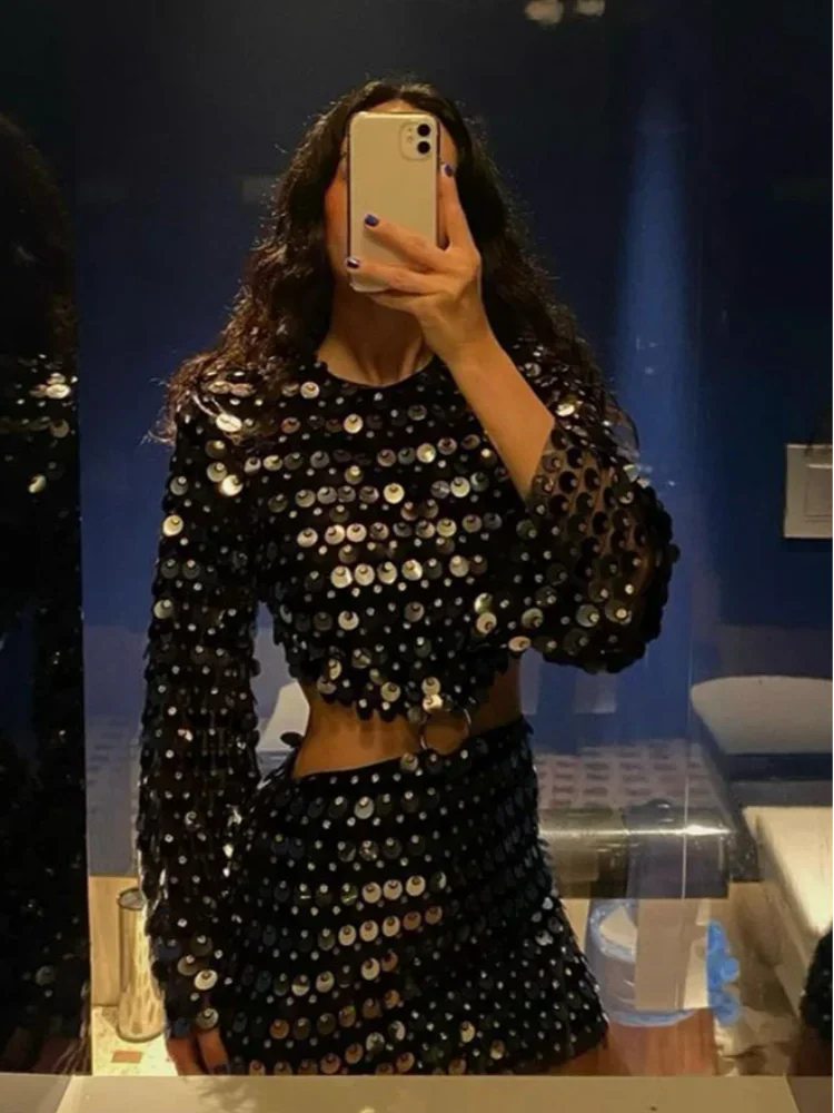 Sexy Shiny Sequins Short Dresses Female Glitter Flaer Sleeve Slim Hollow Out Mini Dress Sparkling Club Party Outfits High Street GlowCart