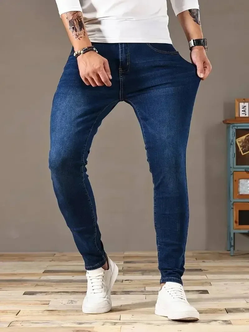 Men Jeans Stretch Skinny Denim Pants Solid Color Black Blue Spring Luxury Street Harajuku Hip-Hop Style Slim Fit Trousers Brand GlowCart