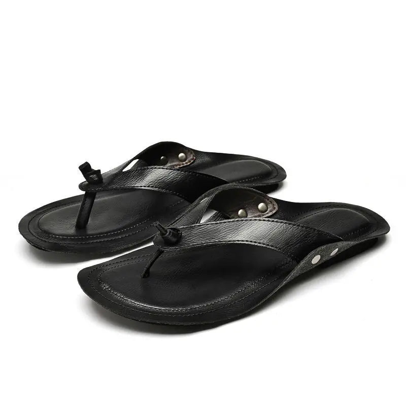 2025 new high-end leather flip-flops for men, ultra-soft genuine cowhide sandals for outdoor wear slippers . GlowCart