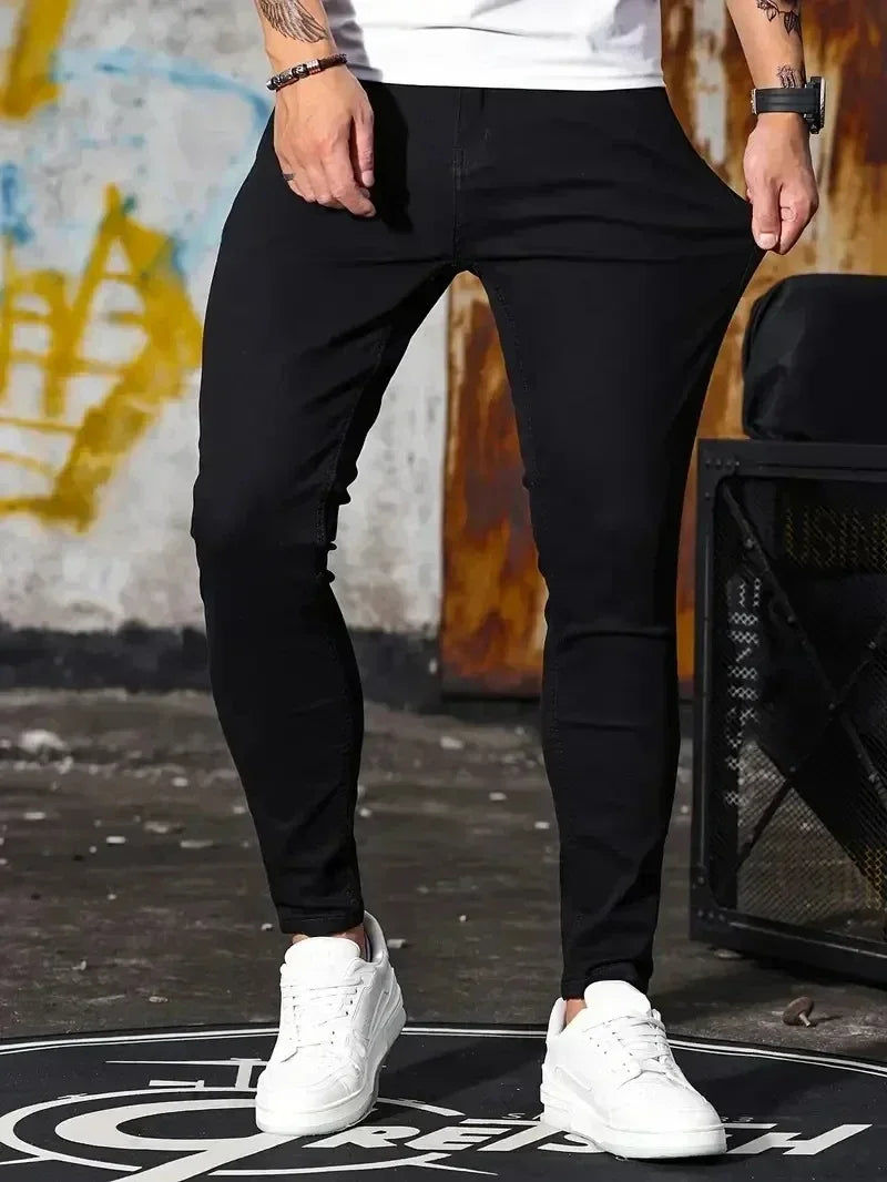 Men Jeans Stretch Skinny Denim Pants Solid Color Black Blue Spring Luxury Street Harajuku Hip-Hop Style Slim Fit Trousers Brand GlowCart