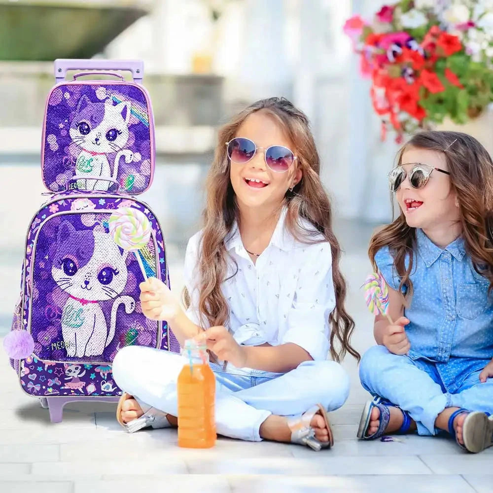 3PCS Rolling Backpack for Girls Kids Roller Wheels Bookbag with Lunch Bag Purple Cat Pattern Design Glow-in-the-Dark Function GlowCart