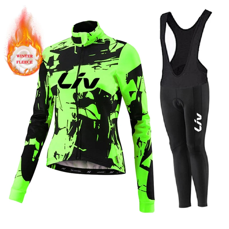 Liv Women Team Winter Fleece Long Sleeve Cycling Jersey Set Mountian Bicycle Clothes Wear Ropa Ciclismo Racing Bike Jersey Suit GlowCart
