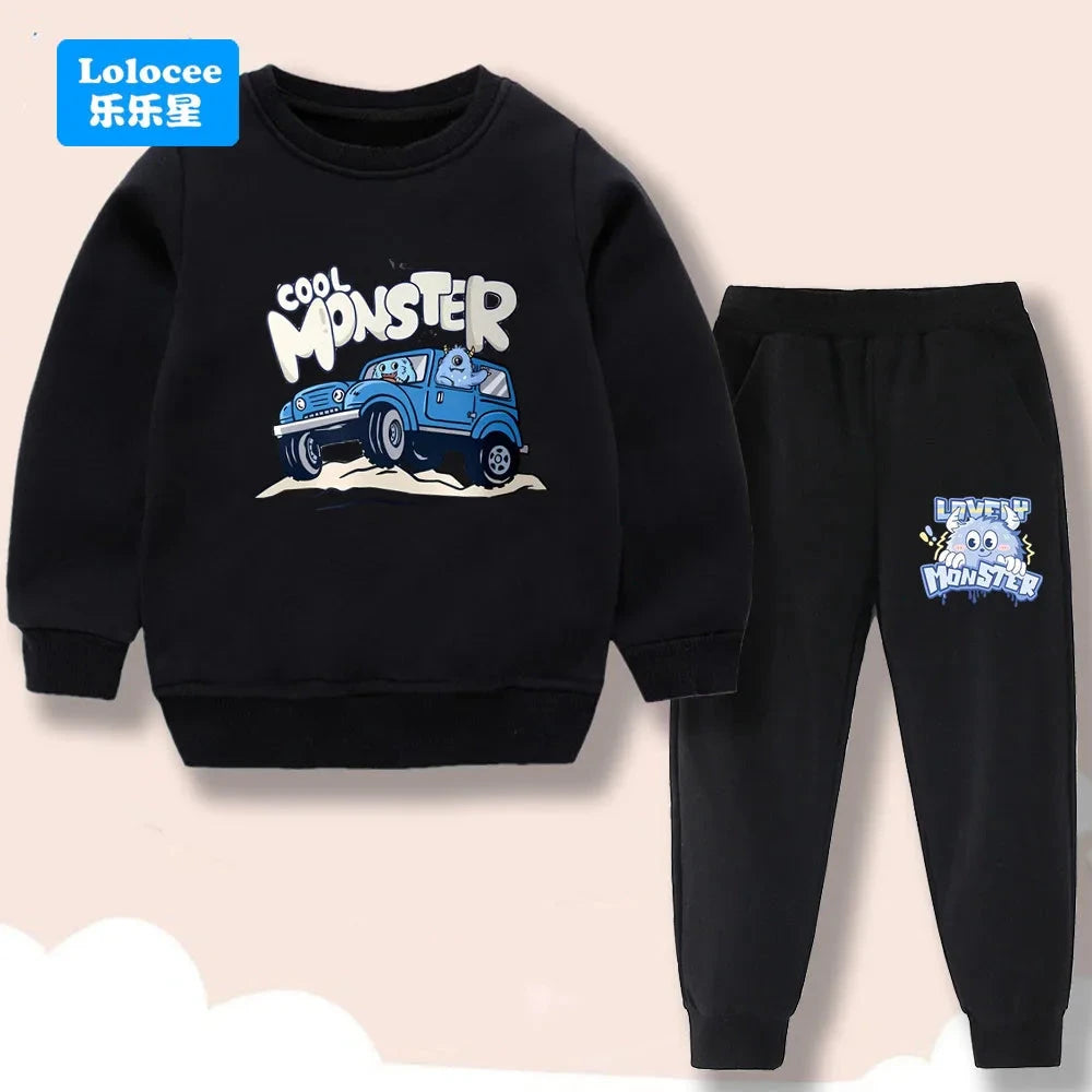 Spring/Autumn Children's Clothing Sets Cartoon Monster Print Boys' O Neck Sweatshirt Pants Two Piece Pullover Set for Kids GSJX1 GlowCart