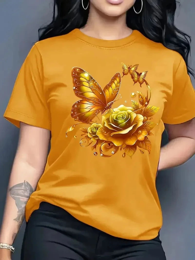 Women's Rose Butterfly Print Fashion Casual T-Shirt Short GlowCart