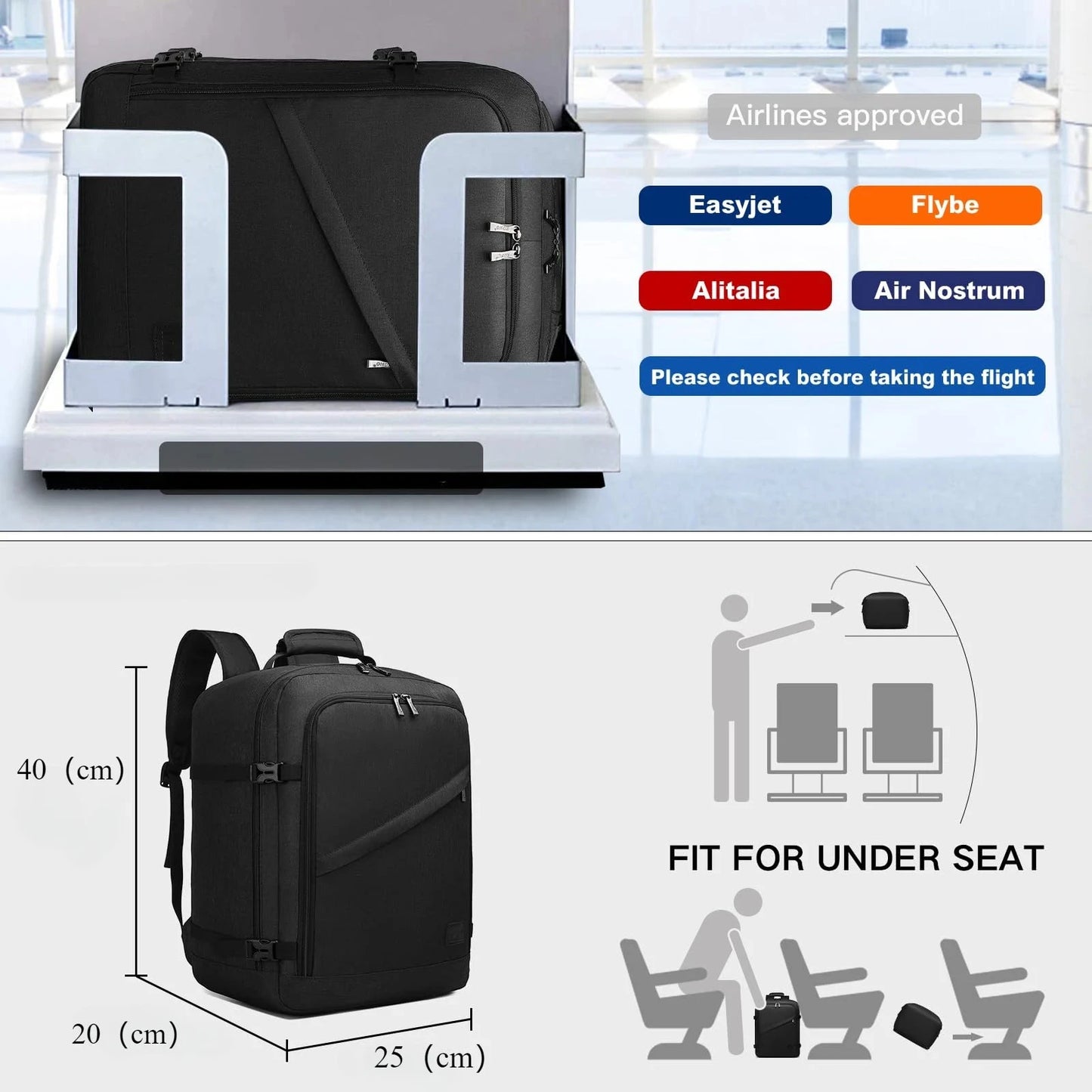 Kono Carry On Backpack Easyjet Cabin Bag 40x25x20cm GlowCart