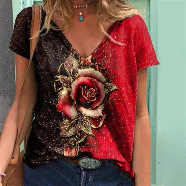Women's T Shirts V-neck 3d Art Print Tops Loose Short Sleeve GlowCart