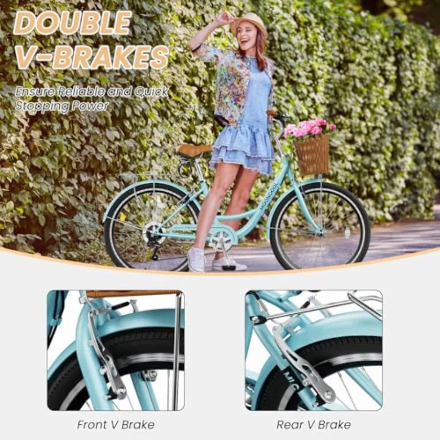 Womens Bike 7 Speed 24 26 inch Beach Cruiser Bikes for Women Step Through Adult Bicycle with Front Basket for City Commuting GlowCart