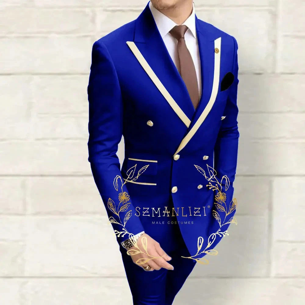 Double Breasted Men's Suits Navy Blue Peaked Lapel Slim Fit GlowCart