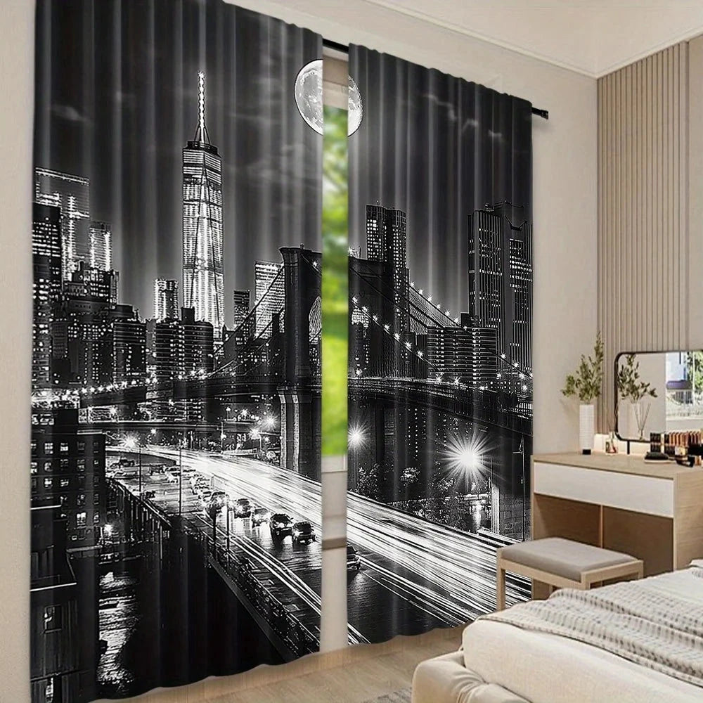 2PC New York Skyline Blackout Curtains - Woven Polyester GlowCart
