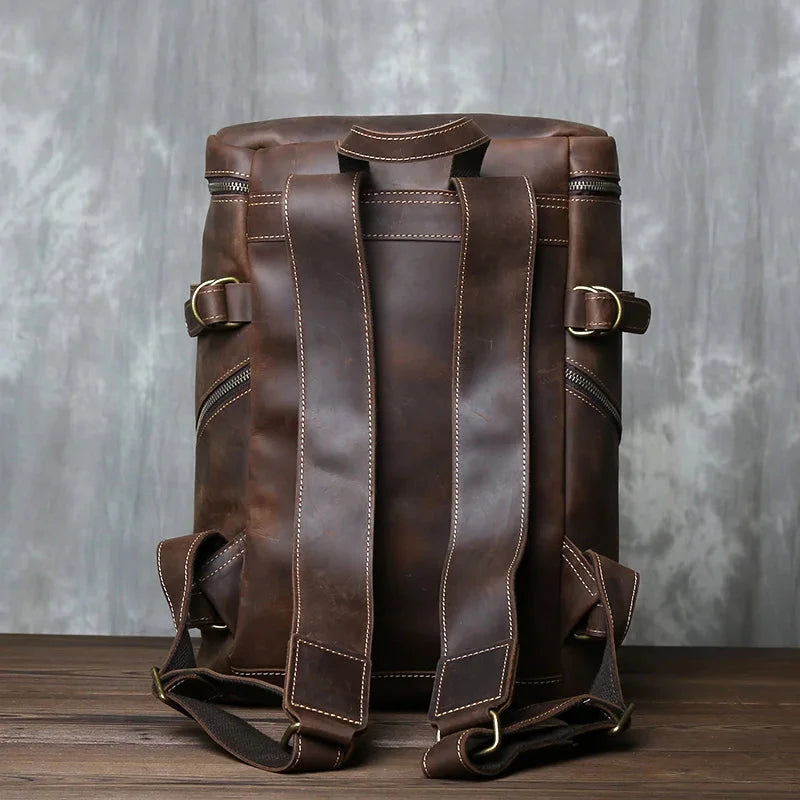 Retro Crazy Horse Leather Vertical Style Backpack Men's Head GlowCart