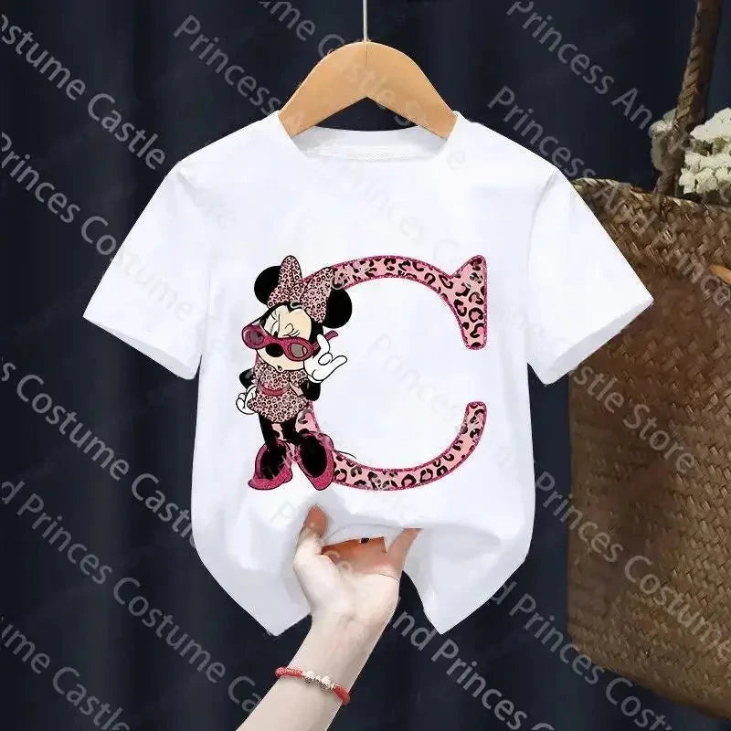 Letter A-Z Minnie Children  T-Shirts Name Combination Disney Kawaii Cartoons Clothes Kids Little Boy Girl Tee Shirts Casua GlowCart