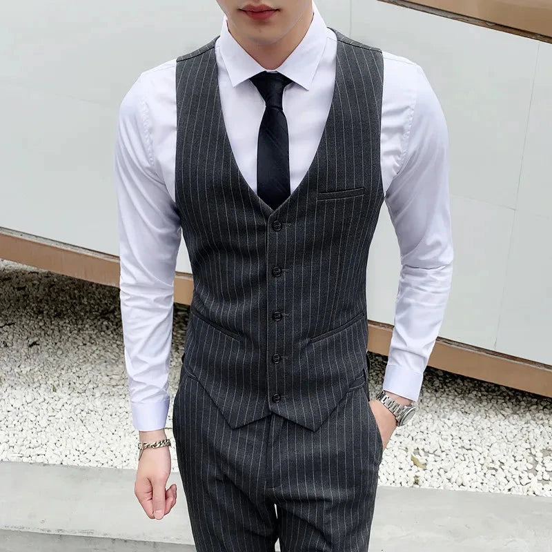 Fashion Men Business Checkered Striped Suit Vest Black / GlowCart