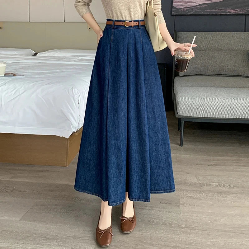 Seoulish Autumn High Waist Denim Women's Umbrella Skirts with Belted Korean Loose A-line Long Jeans Skirts Female 2025 New GlowCart