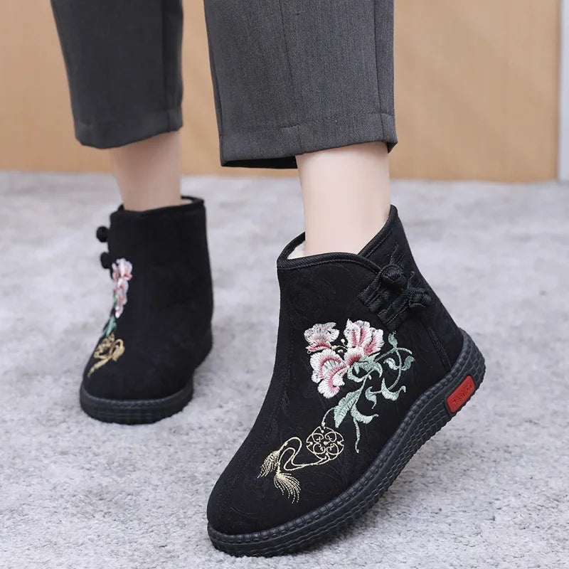 Winter Cloth Shoes Ethnic Style Botas Mujer Women's Shoes Zapatos Short Warm Boots Woman Bootie Embroidered Cotton Women Boots GlowCart