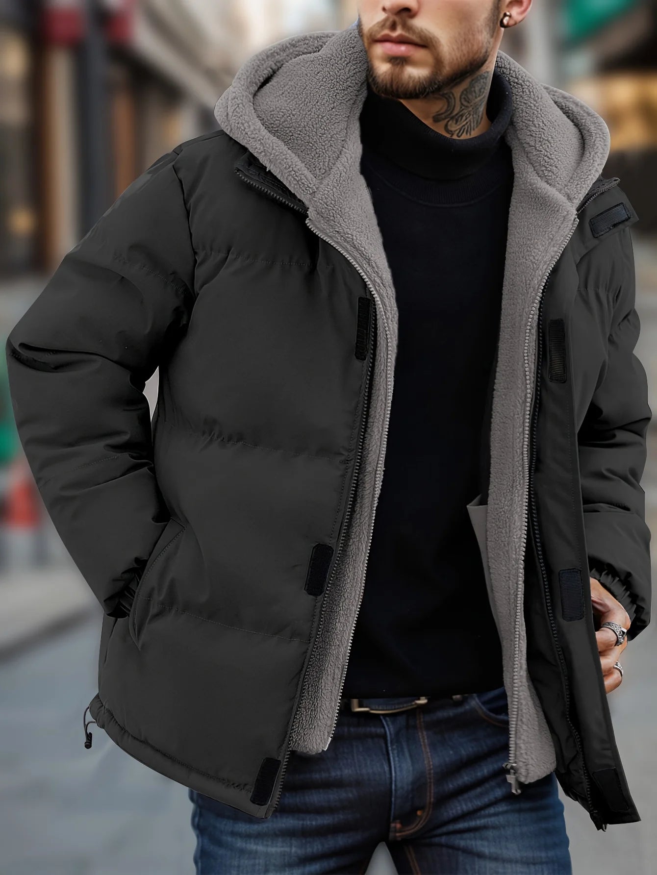Winter Windproof Men's Faux Jacket Casual Polyester Coat with Detachable Hood Zip-Up Front Long Sleeves & Pockets Winter Clothes GlowCart