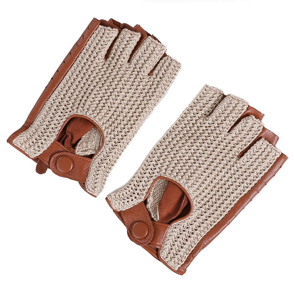 Men's Genuine Leather Driving Gloves motorcycle Fingerless Glove Sheepskin With Cotton Crochet GlowCart
