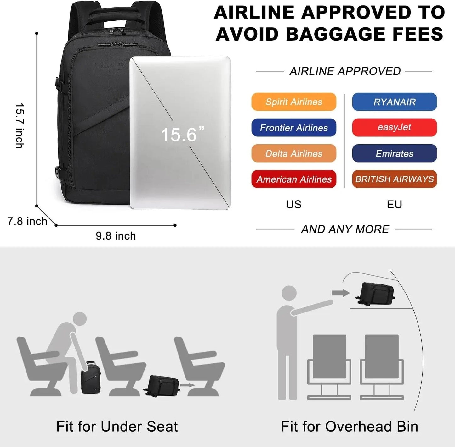 KONO Carry on Backpack, Airplane Approved Under Seat Travel GlowCart