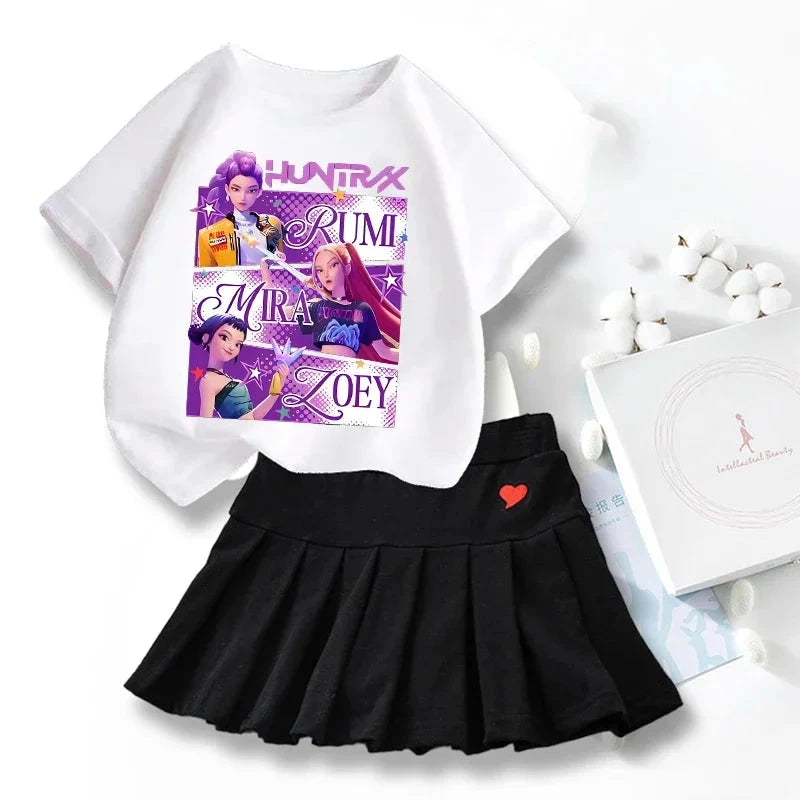 New K Pop Demon Hunters T-shirts Skirt Set Kawaii Cartoon Graphic T-shirt Kids Casual Short Sleeves Tops Summer Girl Clothes GlowCart