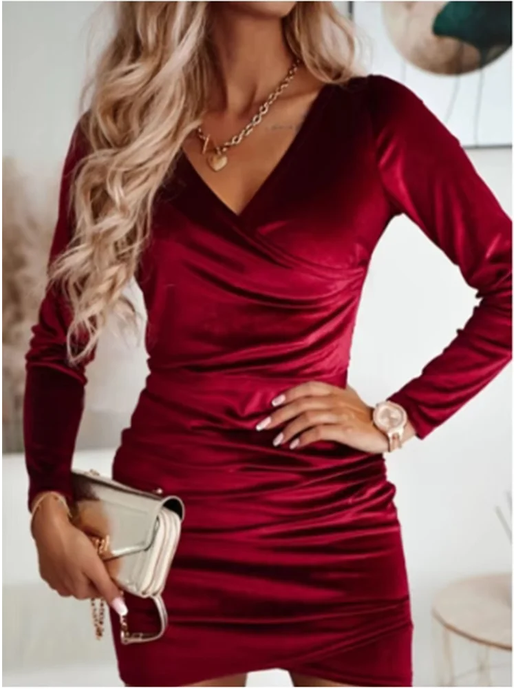 Lady Bodycon Solid Color Velvet Dress Women V-Neck Long Sleeved Mini Dress Autumn Winter Party Luxury Dress GlowCart