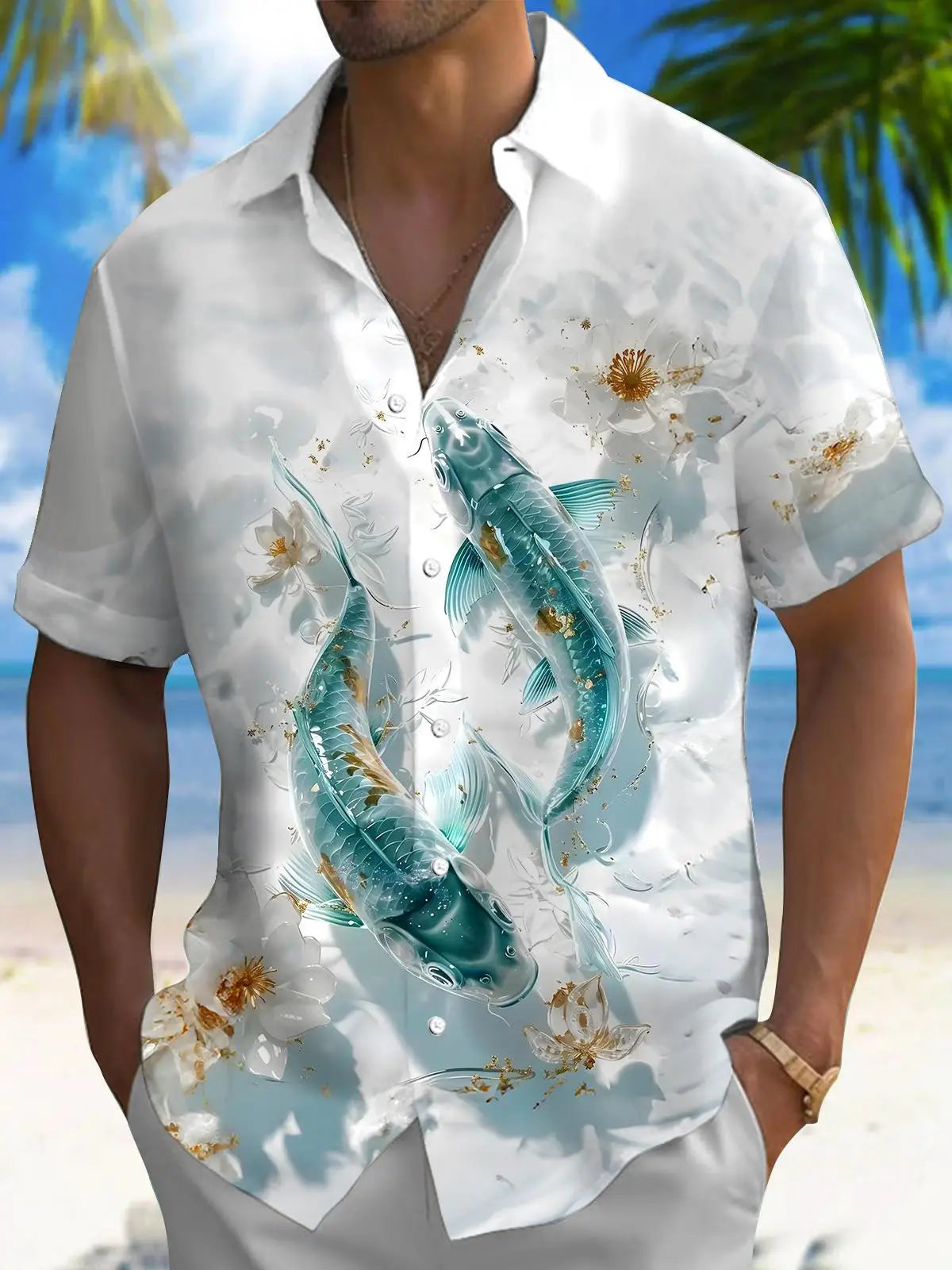 New Hawaii Spring/Summer Fashion Leisure Street Walk Tourist Beach Printed Full Open Short Sleeve Button Shirt, XS-5XL GlowCart