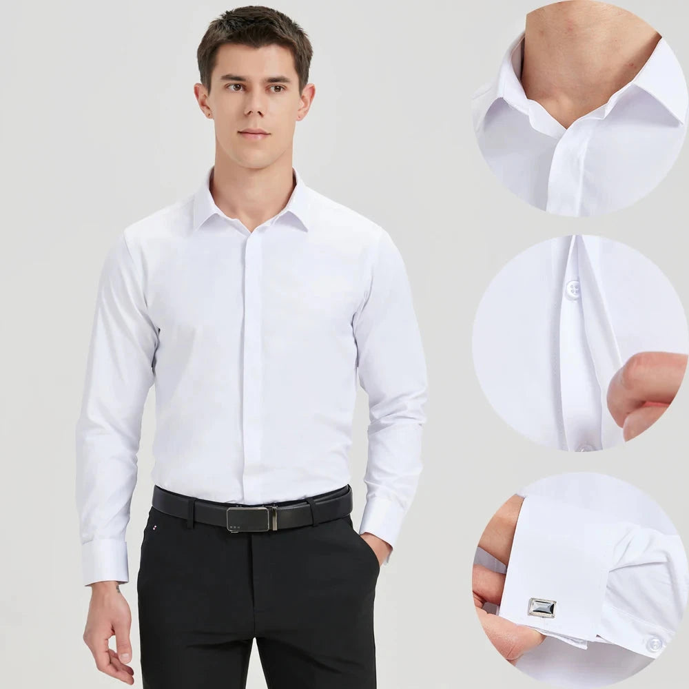 Men's Formal Long Sleeve Dressy Shirt Covered Buttons Front GlowCart