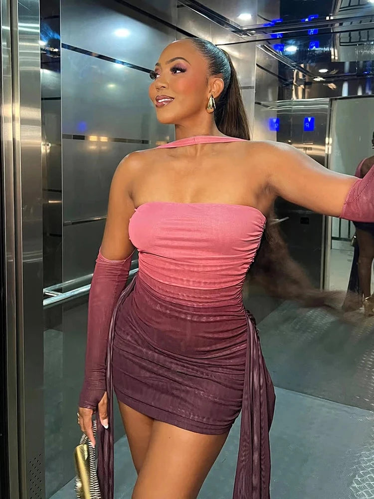 Sisterlinda Mesh Simple Mini Dress Fashion Solid Strapless GlowCart