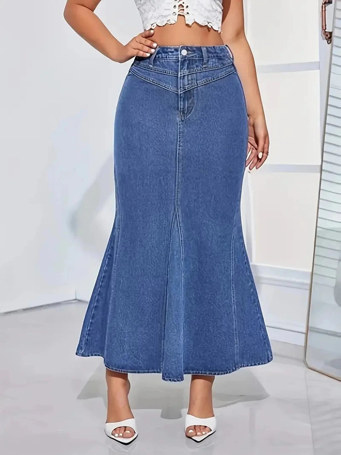 Ladies Retro Fashion Denim Fishtail Skirt, Slim Fit, Mid-Waist, Elastic, Stylish Denim Half Skirt GlowCart