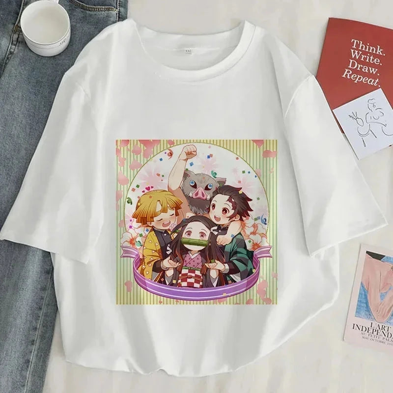 Demon Slayer Print T Shirt Women Harajuku Aesthetic White GlowCart