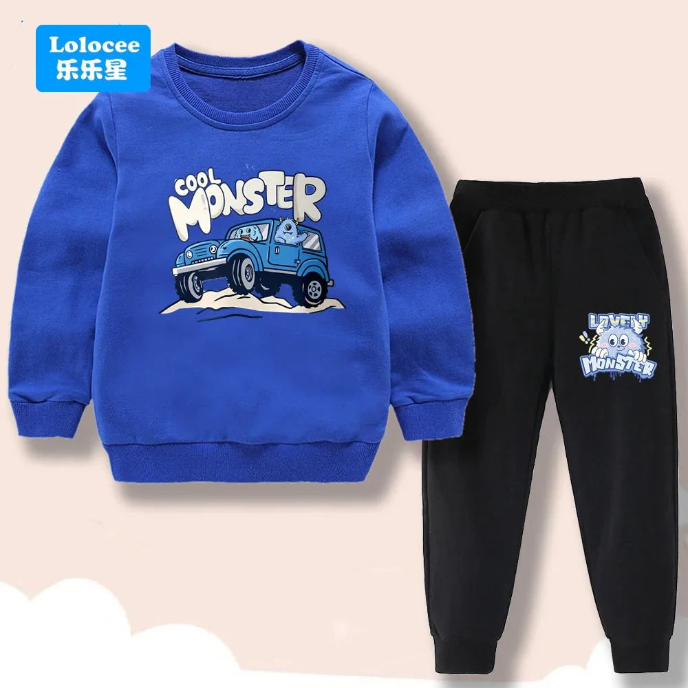 Spring/Autumn Children's Clothing Sets Cartoon Monster Print Boys' O Neck Sweatshirt Pants Two Piece Pullover Set for Kids GSJX1 GlowCart